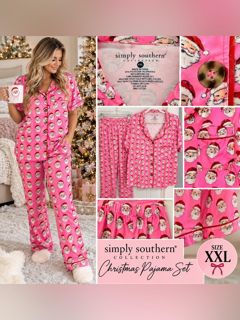 Simply Southern Pink Vintage Santa Christmas Pajama Set XXL